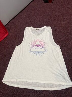 Express White Tank Top with Pink and Blue Eye Triangle Graphic